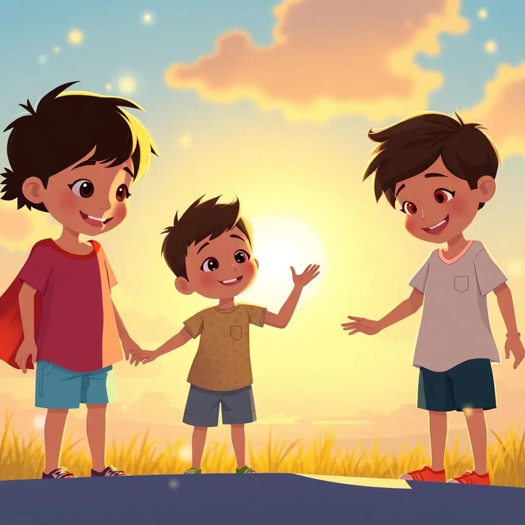Una representación del sol y los niños felices que recuerdan el día divertido, luces brillantes y colores alegres, arte digital, mágica, feliz