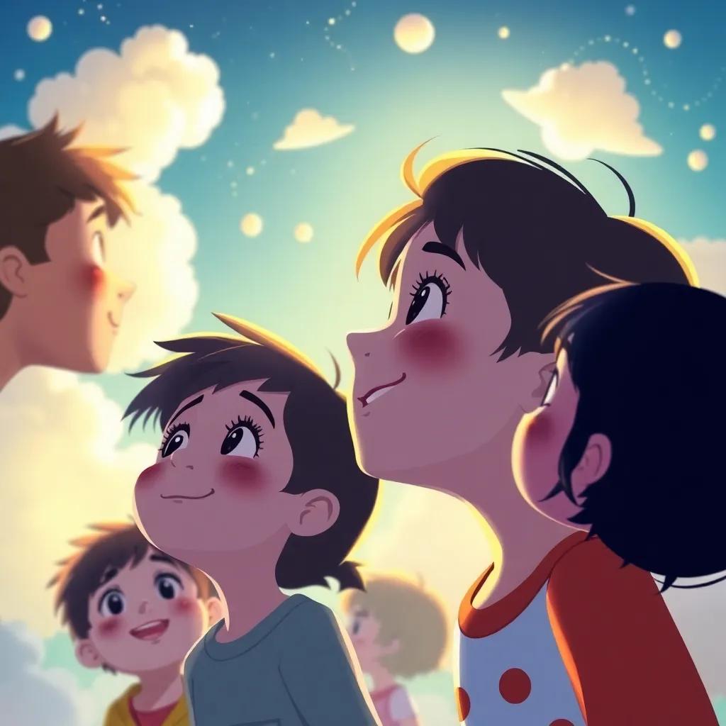 Una escena con niños mirando hacia el cielo, sonrisas y sombras de diferentes formas, una atmósfera de alegría y diversión, ilustración, colorido, amigable