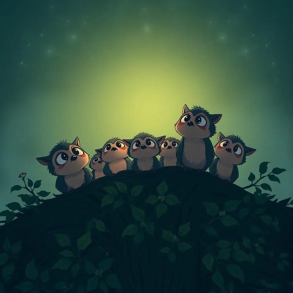 Un grupo de búhos en la cima de un árbol, mirando hacia el cielo oscuro, con caras preocupadas, algunas hojas alrededor, iluminados por la luz de las estrellas, ilustración, atmósfera de misterio, colores oscuros, vista cercana, calidad tierna