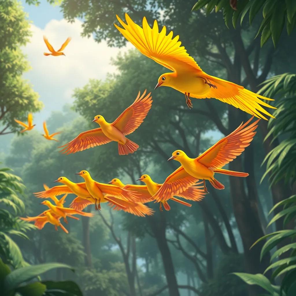 Luciernagas volando en la selva, formando grupos coloridos, los animales mirándolas con asombro, árboles altos de fondo, digital painting, brillante y festiva, ambientación alegre, perspectiva amplia, calidad estimulante