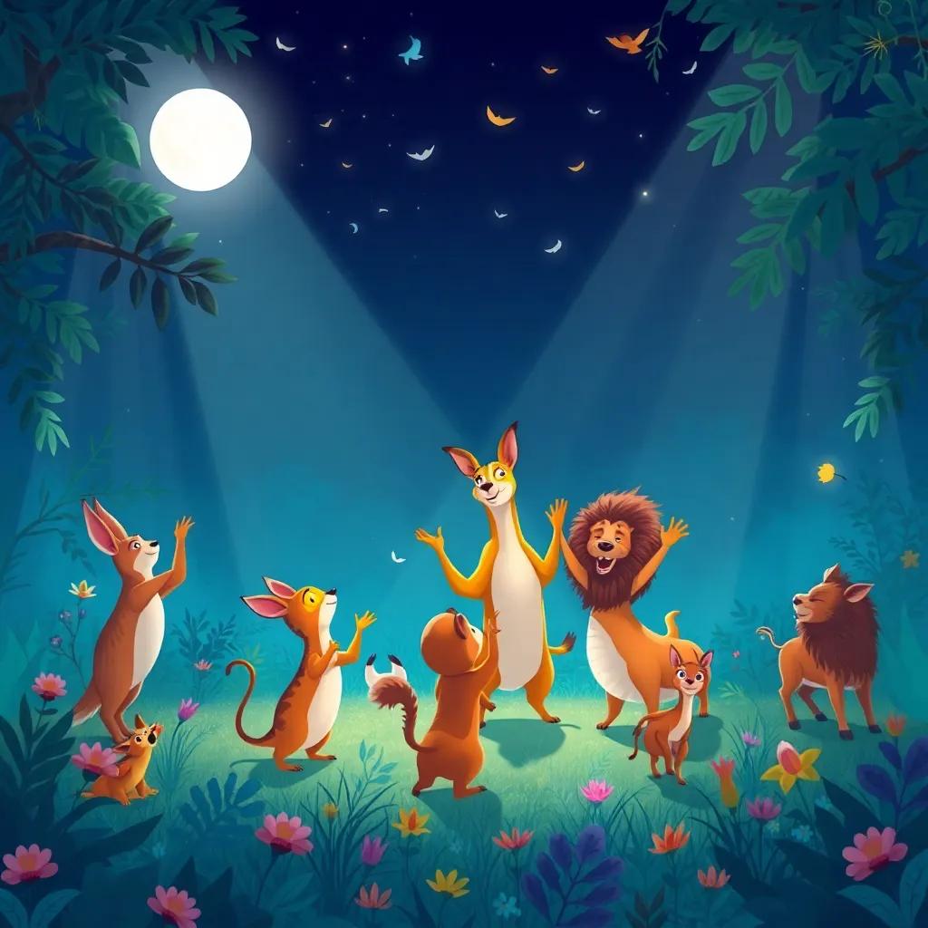Animales de la selva felices y bailando bajo la luz de las luciérnagas, conejos, ciervos y leones, una escena vibrante y colorida con plantas y flores alrededor, ilustración, escena festiva, colores vivos, vista panorámica, alta calidad