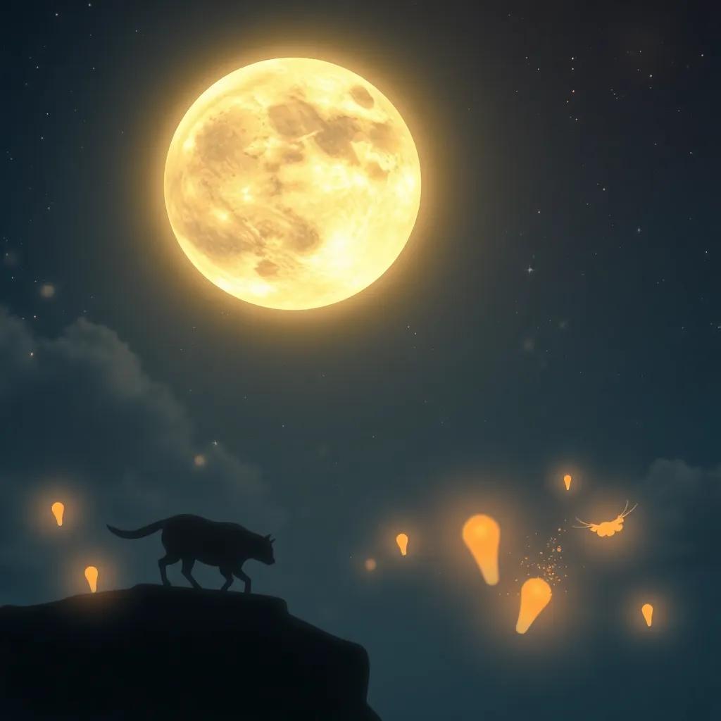 La luna, mirando desde el cielo, sonriendo mientras observa a los animales y las luciérnagas brillar, un fondo estrellado, digital art, mágico y esperanzador, cálido y acogedor, vista lejana, calidad sublime