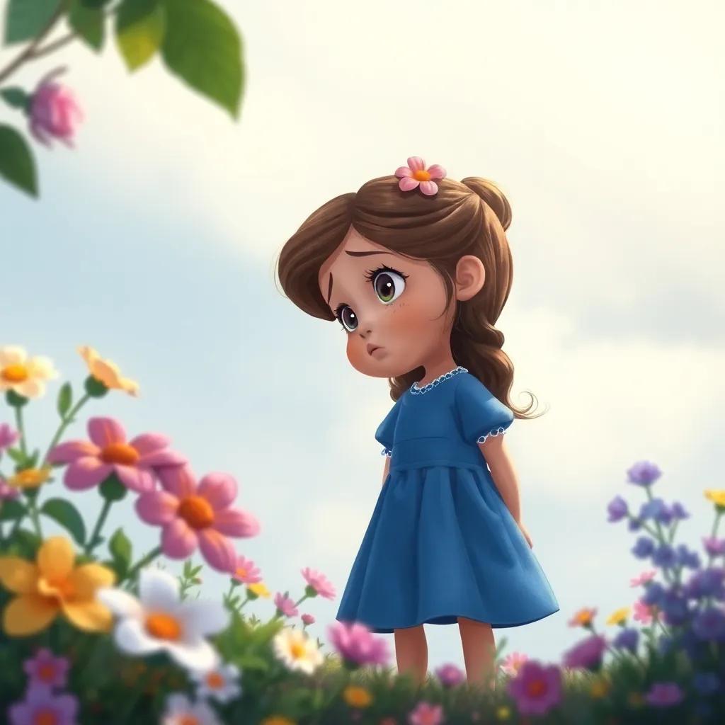 Sofía, una niña pequeña con trenzas y vestido azul, mirando al cielo triste y confundida, rodeada de flores y arbustos, illustration, child-friendly style, vibrant colors