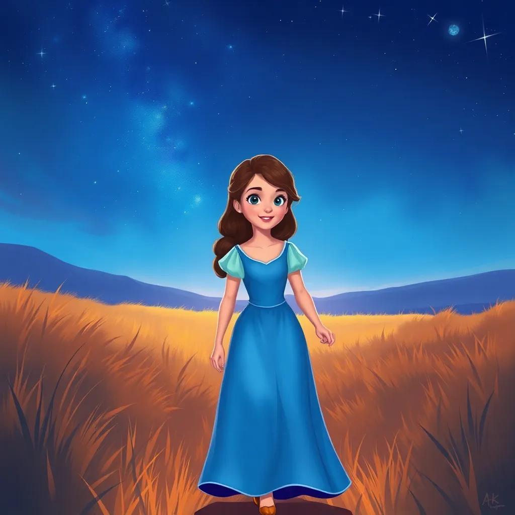Sofía con su vestido azul, caminando en el campo, mirando detrás de las estrellas, con una actitud decidida, digital painting, colorful, joyful vibes, high quality