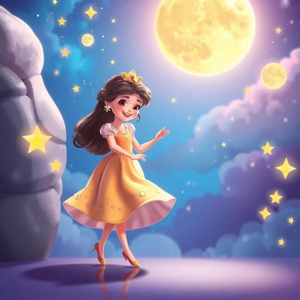 Sofía bailando y saltando, con estrellas brillantes alrededor, la nube volando, iluminado por lunares y estrellas, cheerful scene, bright colors, magical atmosphere