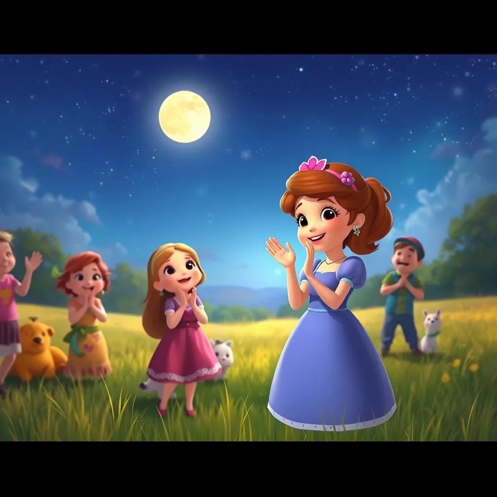 Sofía aplaudiendo y celebrando en el campo, con sus amigos y la luna brillando sobre ellos, un cielo estrellado de fondo, digital painting, lively scene, bright colors, heartwarming atmosphere