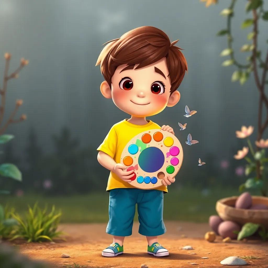 A young boy named Leo, with short brown hair, wearing a bright yellow shirt and blue pants, standing in a dull gray garden holding a magical, colorful paint palette, yearning for adventure, digital art, whimsical, bright colors, hopeful atmosphere