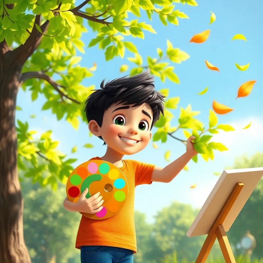 Leo, the young boy, with his colorful palette in hand, painting a vibrant green tree, leaves fluttering joyfully in the wind, digital art, cheerful, vibrant colors, sunny day