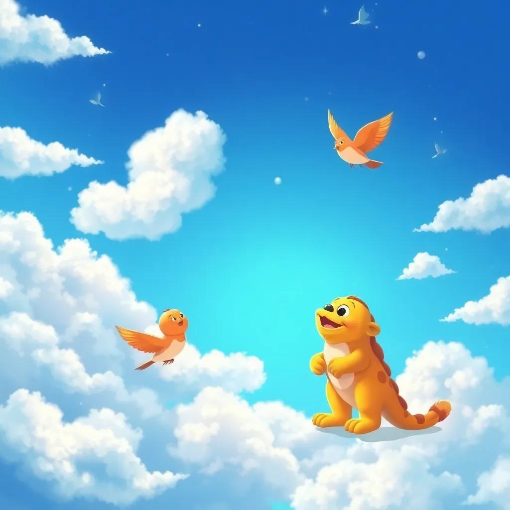 Leo, with a sparkling blue sky, painting fluffy white clouds, cheerful birds singing happily, joyful atmosphere, digital illustration, bright and colorful