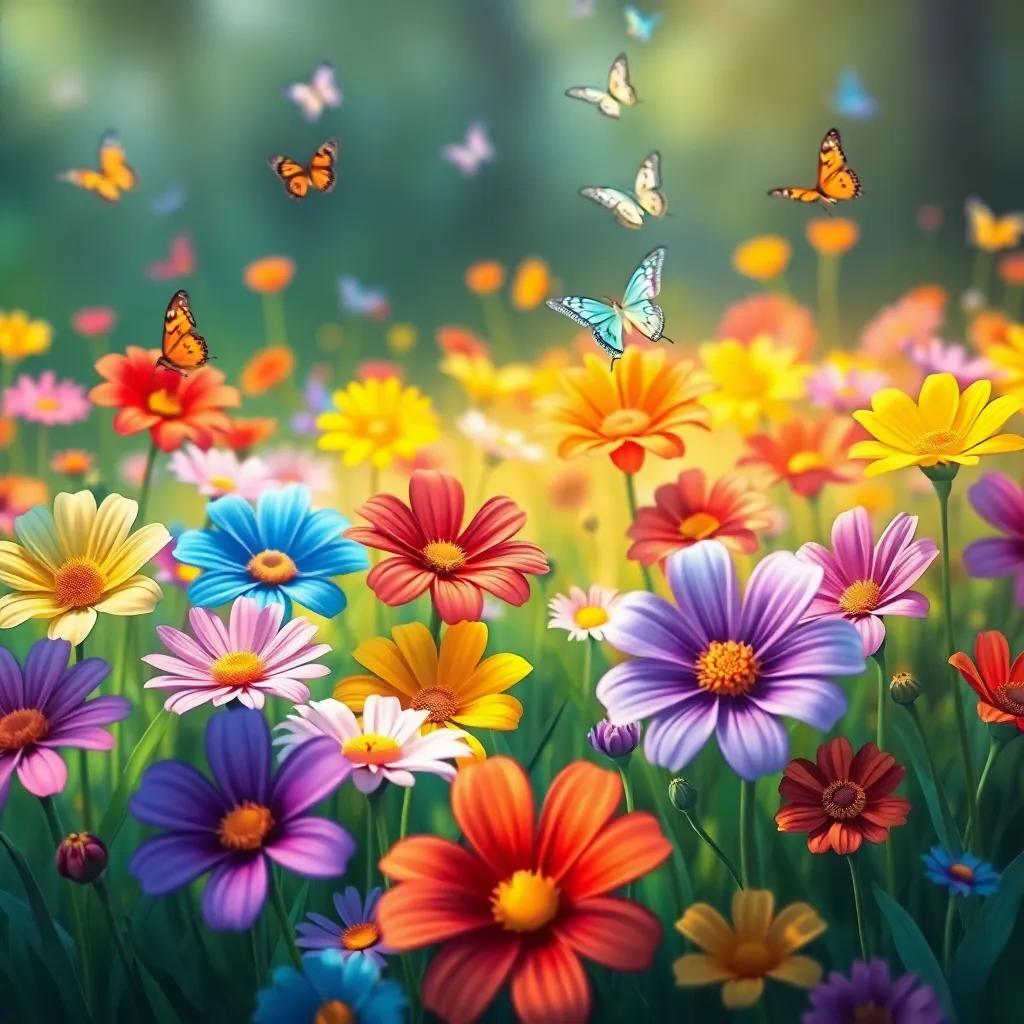 Leo painting colorful flowers in a meadow, each flower a different bright color, butterflies dancing around, whimsical scene, digital art, full of life and color