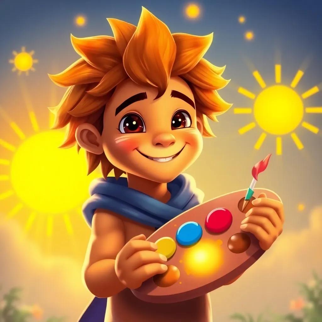 Leo, with his magical palette, painting a bright yellow sun that shines lovingly on his face, warm rays enveloping him, all around cheerful colors, uplifting atmosphere, child-friendly art