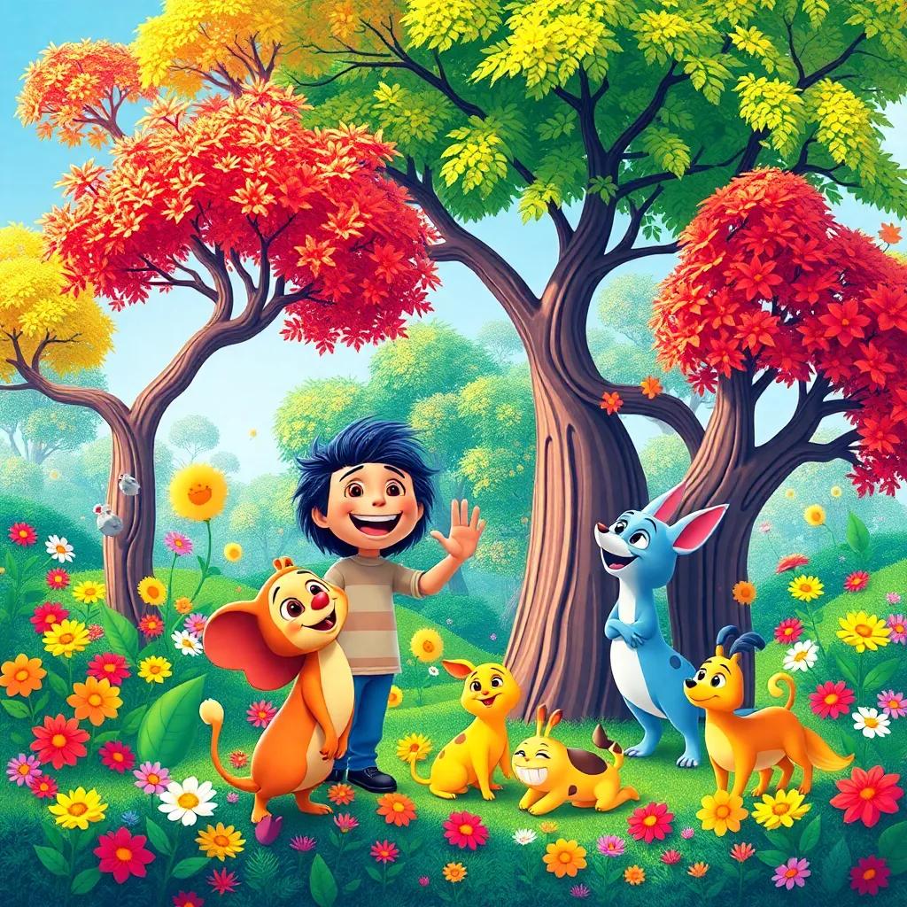 Leo's vibrant world, full of bright trees, colorful flowers, and happy animals, friends smiling and dancing together, celebrating the beauty of color, joyful and vivid