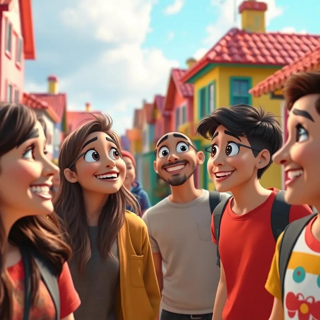 Individuals in the town, looking amazed and smiling at the transformation, vibrant colors surrounding them, wonder in their eyes, child-friendly, inviting atmosphere