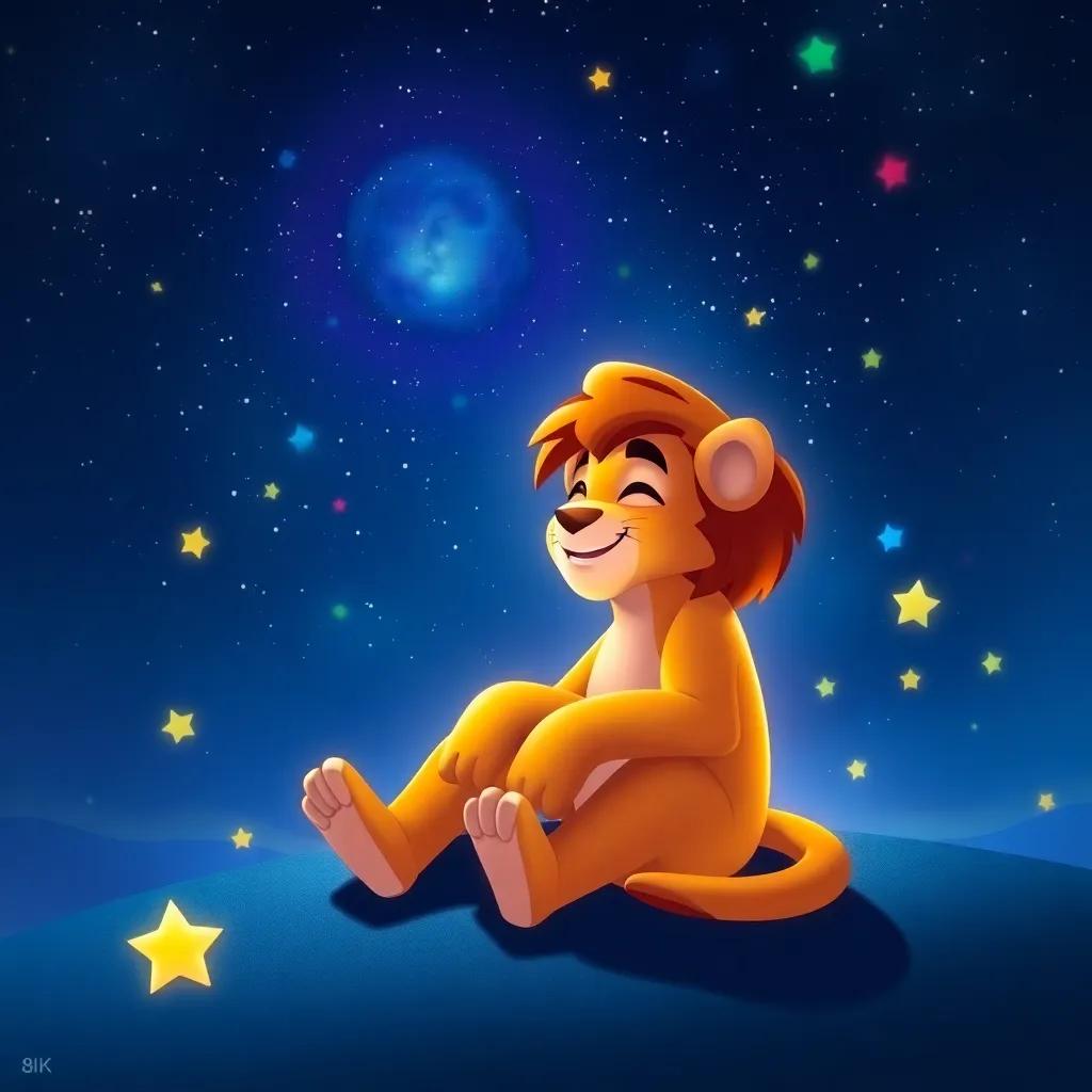 Leo sitting under a starlit sky, surrounded by colorful stars, reflecting joy and gratitude for his magical creation, whimsical, imaginative night scene