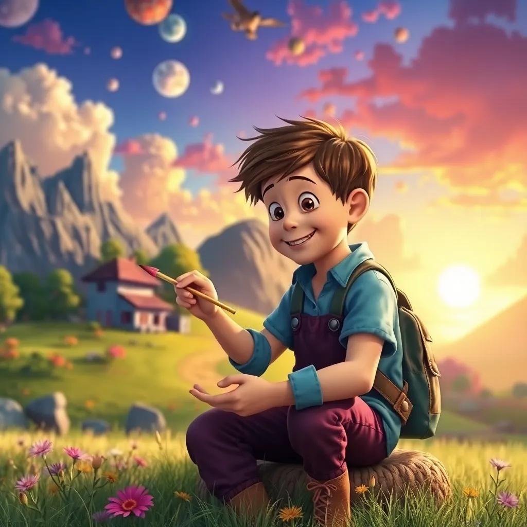 Leo painting the last touches of bright colors on a landscape, the scene full of childhood wonder and happiness, rich and cheerful colors