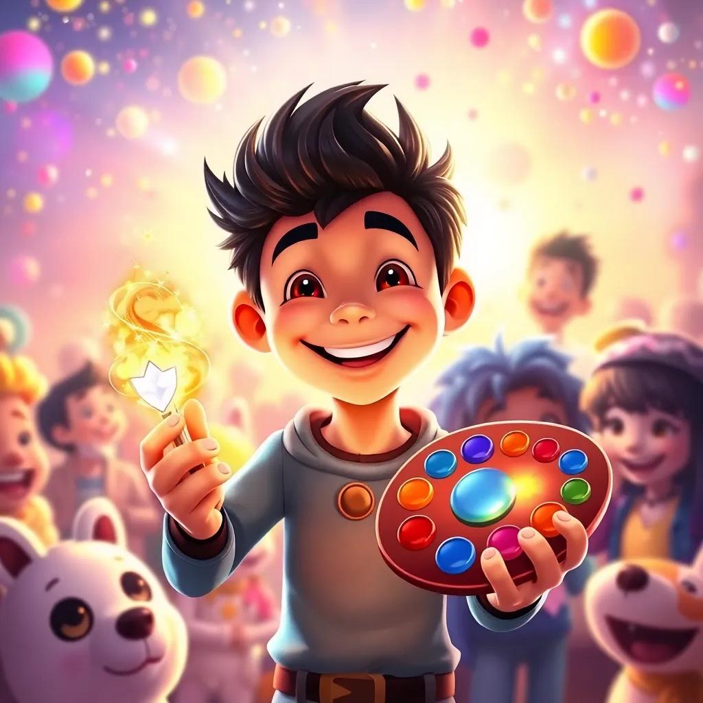 Leo smiling brightly, holding his magical palette, surrounded by friends in a colorful world, the essence of happiness and love radiating from the artwork, artistic, cheerful