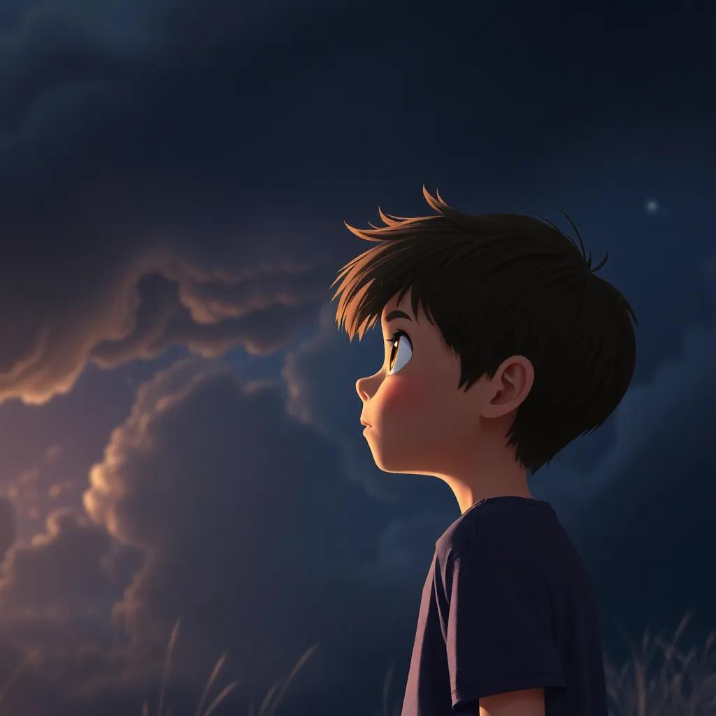 Una noche oscura con un vasto manto negro, sin estrellas visibles. Pablo, un niño de 8 años, con cabello castaño y ojos curiosos, miró hacia el cielo confundido y triste, paisaje claro y sereno, arte digital, en un estilo de cuento de hadas, detalle vibrante, perspectiva impresionista