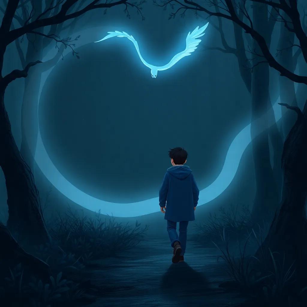 Pablo con un abrigo azul, caminando por un bosque oscuro con árboles sombríos. En el aire brilla una luciérnaga llamada Lila, de luz intensa y suave, rodeada de un ambiente misterioso, ilustración animada, atmósfera mágica, vista acogedora