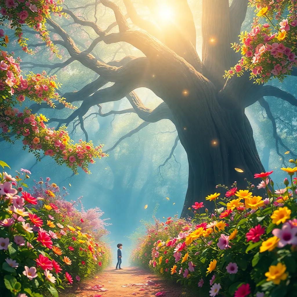 Un hermoso valle lleno de flores brillantes y árboles danzantes bajo una luz suave. Pablo, con una mirada de asombro, se encuentra rodeado de estrellas escondidas detrás de un gran árbol, digital, brillante, colorido y místico