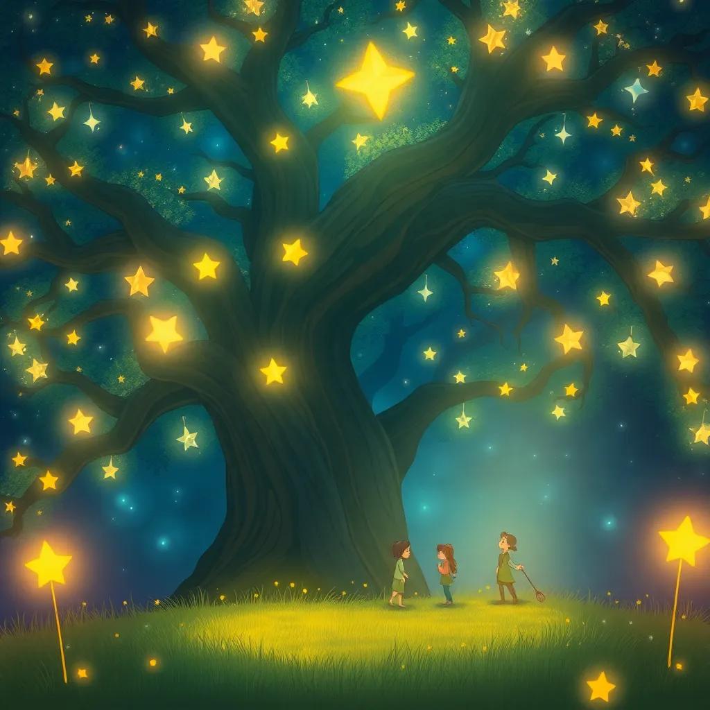 Primer plano de las estrellas ocultas detrás de un gran árbol, con luces titilantes y suaves. Ellas, representadas como figuras amistosas, conversan con Pablo, en un entorno de ensueño y mágico, arte vibrante, cálido y encantador