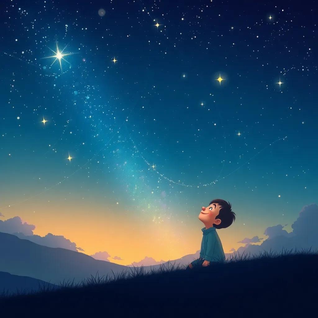 Las estrellas brillando con intensidad en el cielo, mientras Pablo sonríe felizmente. El paisaje nocturno está iluminado de colores cálidos, mostrando un cielo estrellado lleno de vida y luz, ilustración acogedora y esperanzadora, aspecto de cuento de hadas