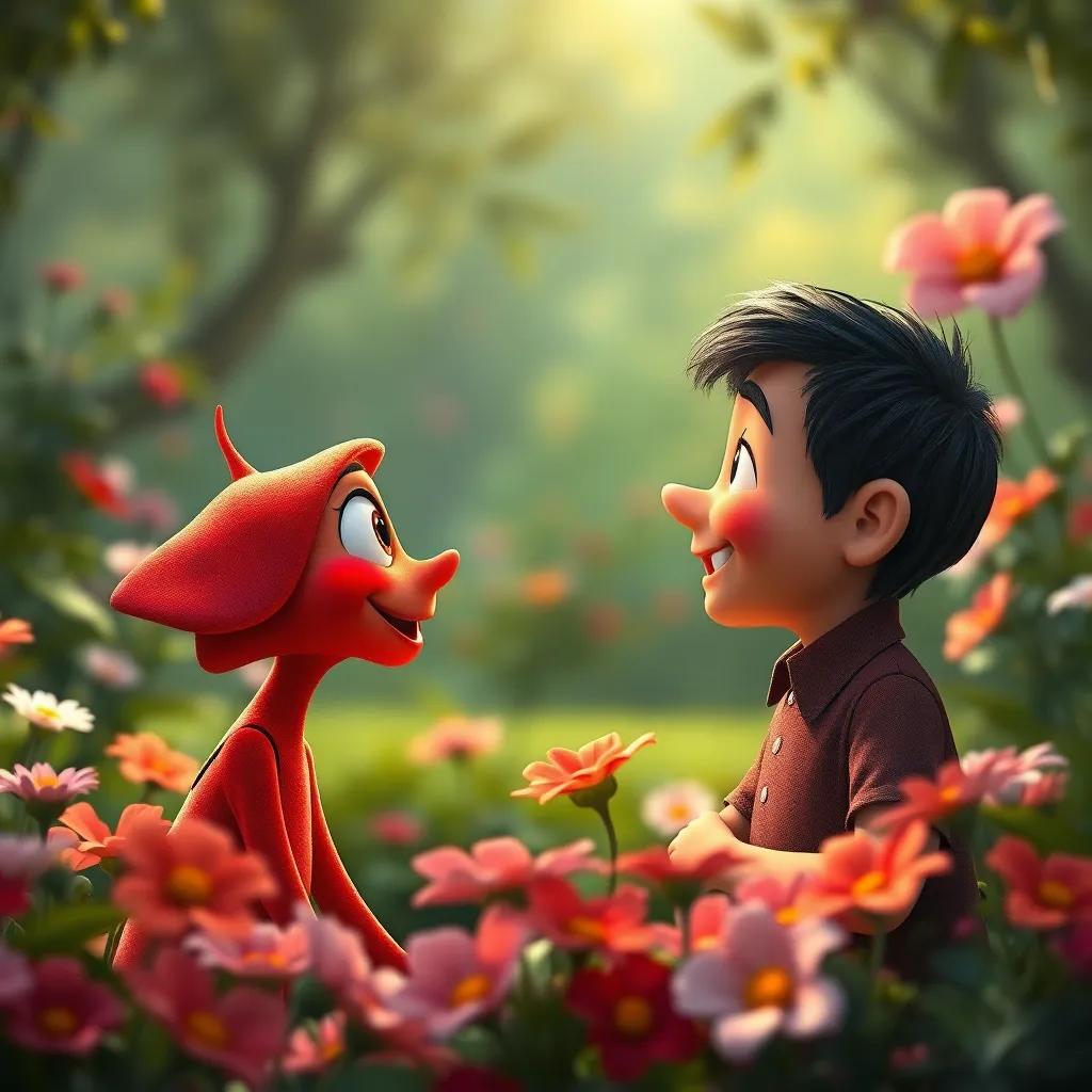 Una flor roja sonriente con rostro amigable hablando con Tomás, en un jardín mágico rodeado de flores, digital art, vibrante, cálido, enfocando la conversación, alta calidad