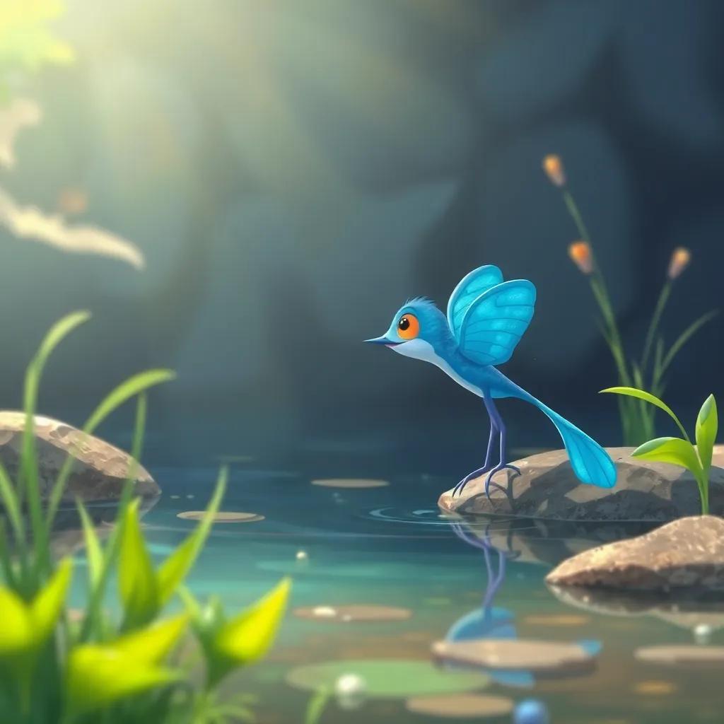 Una flor azul hablando sobre el río, cerca de agua clara y vegetación, ilustración, pacífica, naturaleza, colores frescos, alta calidad