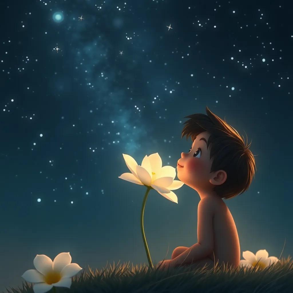 Una flor blanca cantando suavemente a las estrellas en el cielo, mientras Tomás escucha con admiración, digital painting, nocturna, tranquilidad, suave luz, alta calidad