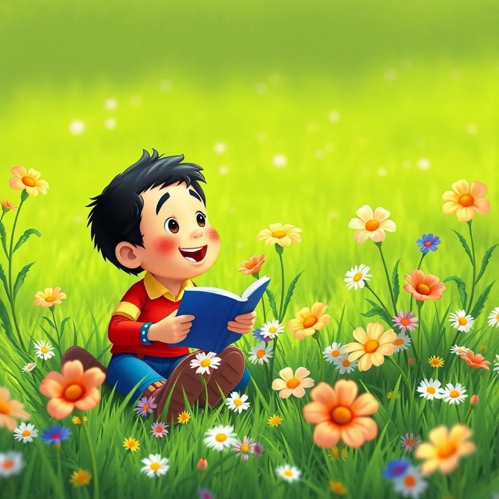 Tomás compartiendo sus historias con las flores, sentados juntos en el césped verde, ilustración, alegría, amistad, brillante, alta calidad
