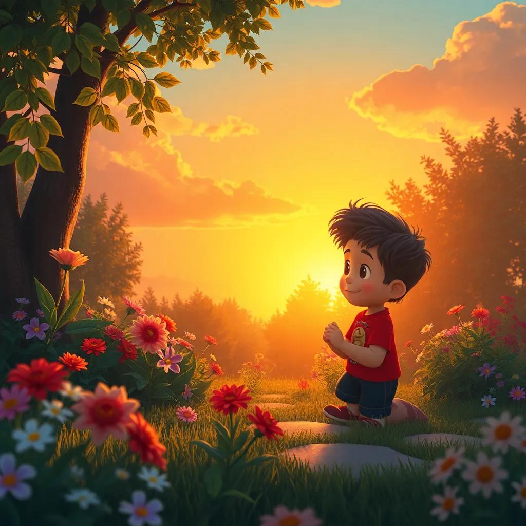 La puesta de sol en el jardín mientras Tomás se despide de las flores, cálidos colores del atardecer, ilustración, emotiva, mágica, alta calidad