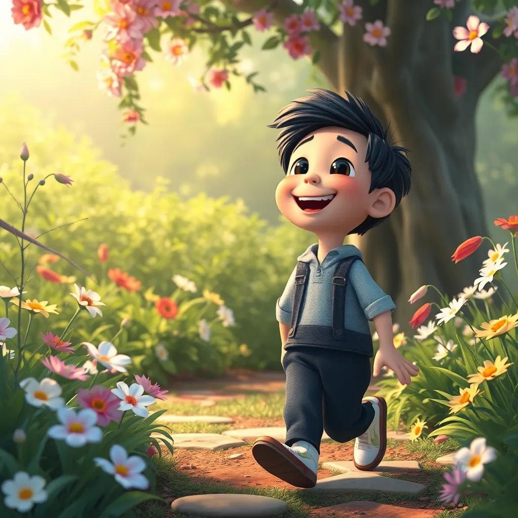 Tomás saliendo del jardín con una sonrisa grande mientras las flores se despiden, ambiente mágico, ilustración, tierna, colorida, alta calidad
