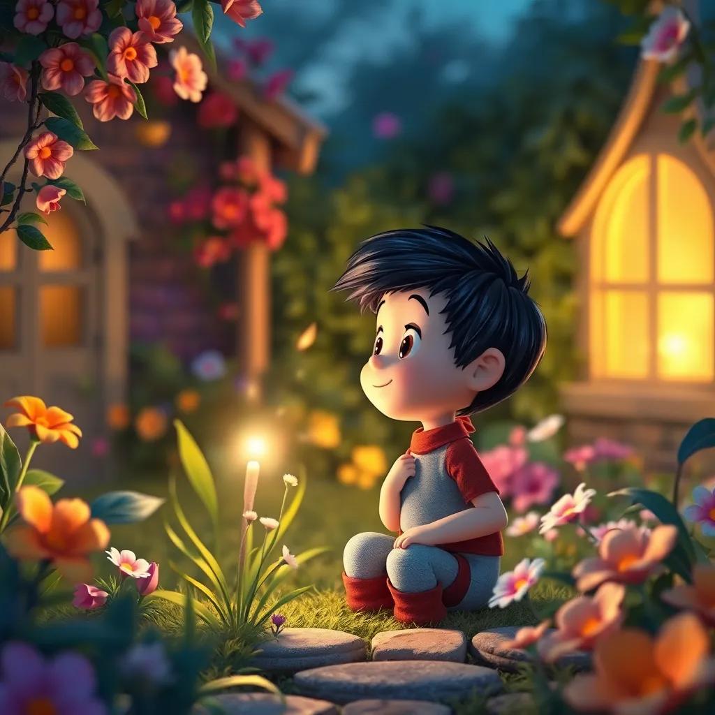 Tomás soñando con el jardín mágico y las flores, imágenes de luz y colores vibrantes, ilustración, tranquila, imaginativa, alta calidad