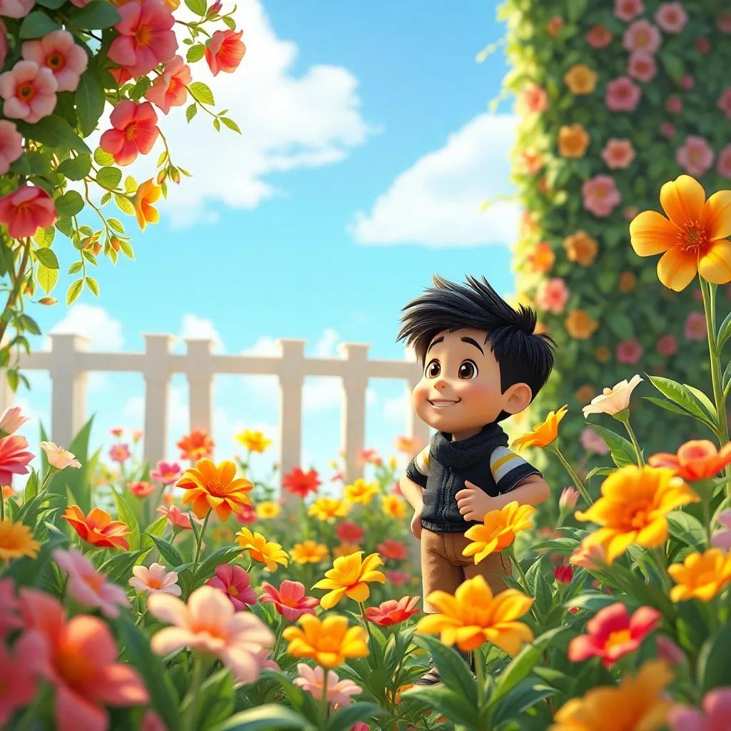 Tomás regresando al jardín al día siguiente, flores esperándolo con sonrisas, colorido, brillante, digital art, alegre, alta calidad