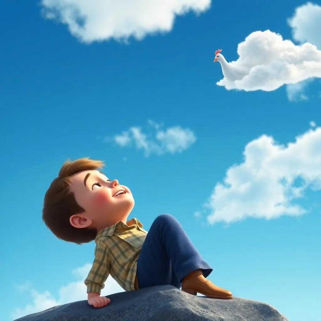 Tomás, un niño pequeño, riendo mientras observa una nube en forma de oveja saltando en el aire, fondo azul claro, estilo colorido, perspectiva alegre, ilustración vibrante