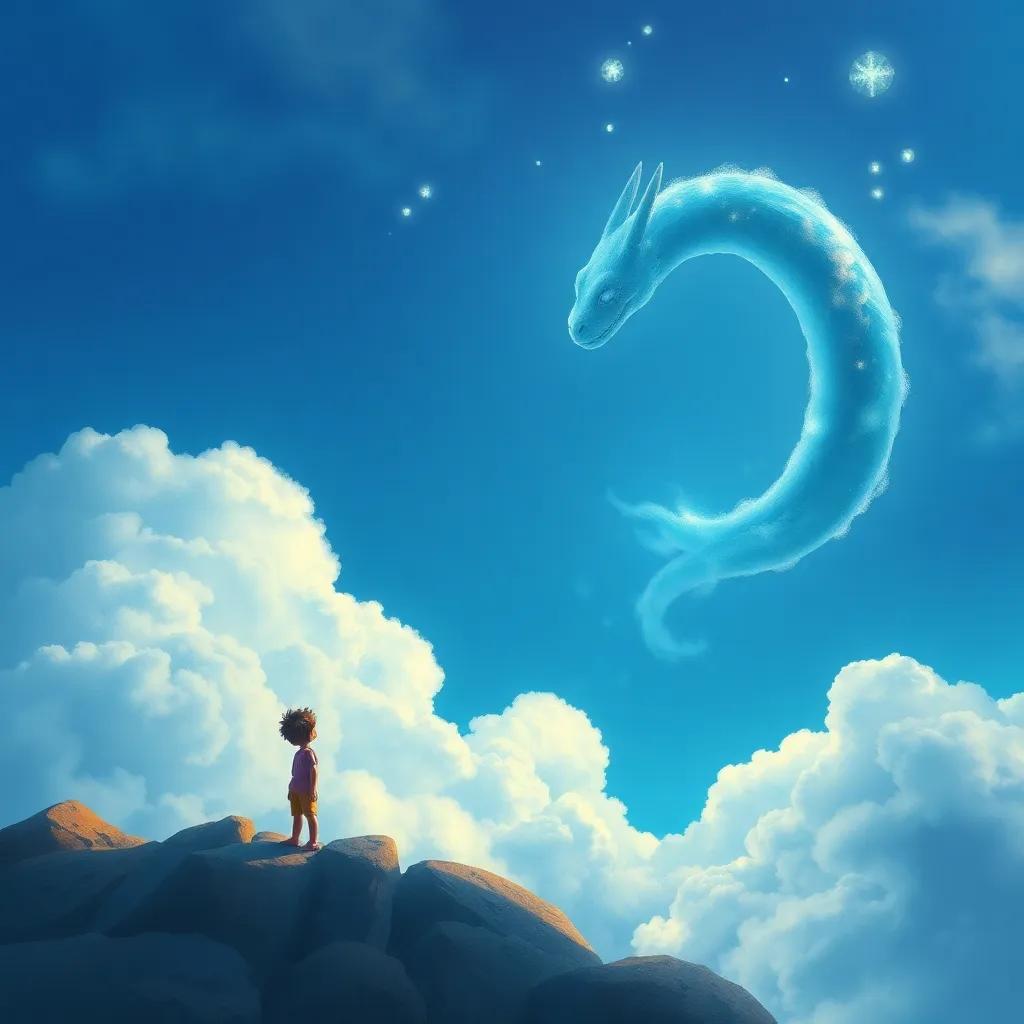 Un niño llamado Tomás imaginando un dragón de nube, en el cielo azul, con el dragón girando suavemente, digital painting, espectacular, cuento de hadas