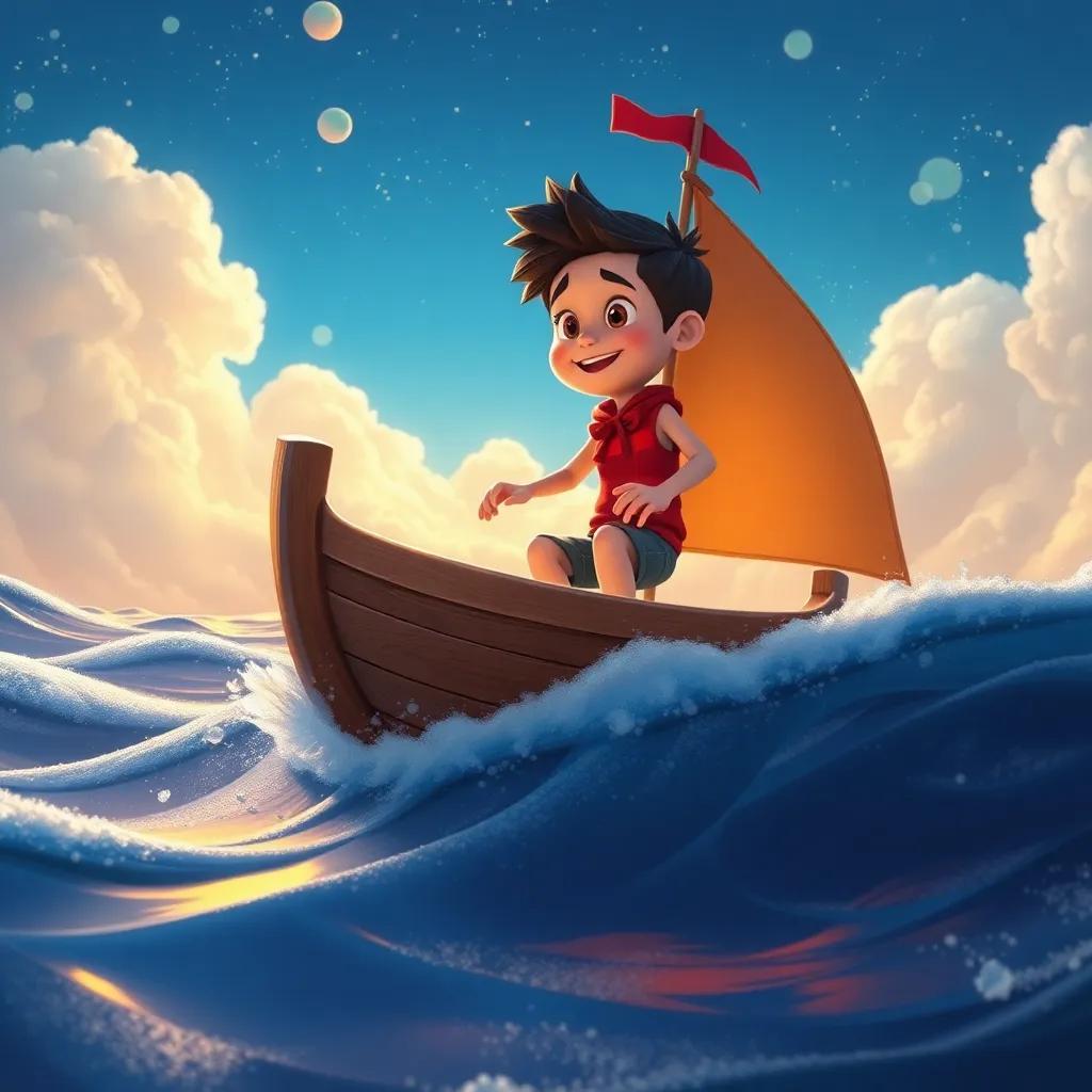 Tomás soñando con un barco nube, surcando olas de aire, con un cielo brillante y brillante, arte digital, narrativo, encantador