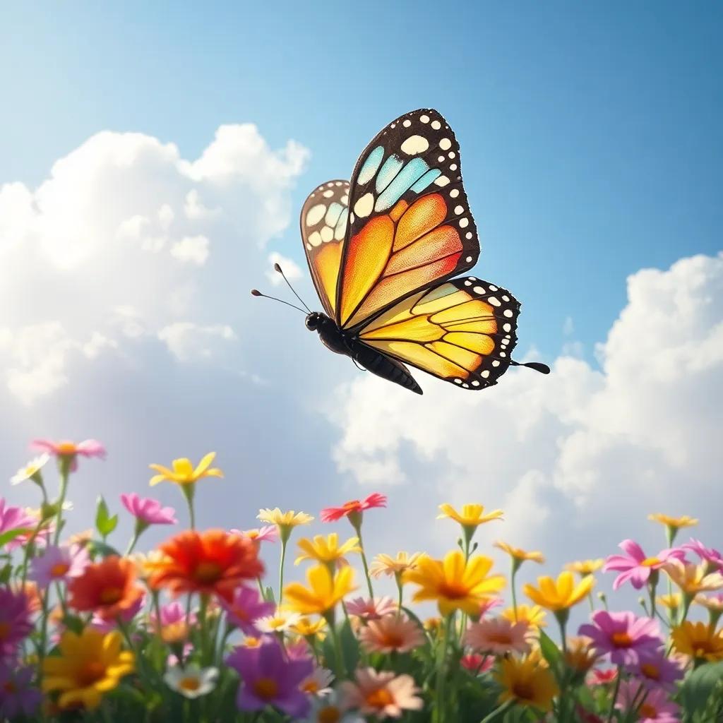 Una nube de mariposa colorida vuela por el cielo, Tomás sonríe con grandes ojos, rodeado de flores brillantes en el césped, arte alegre, enfoque nítido