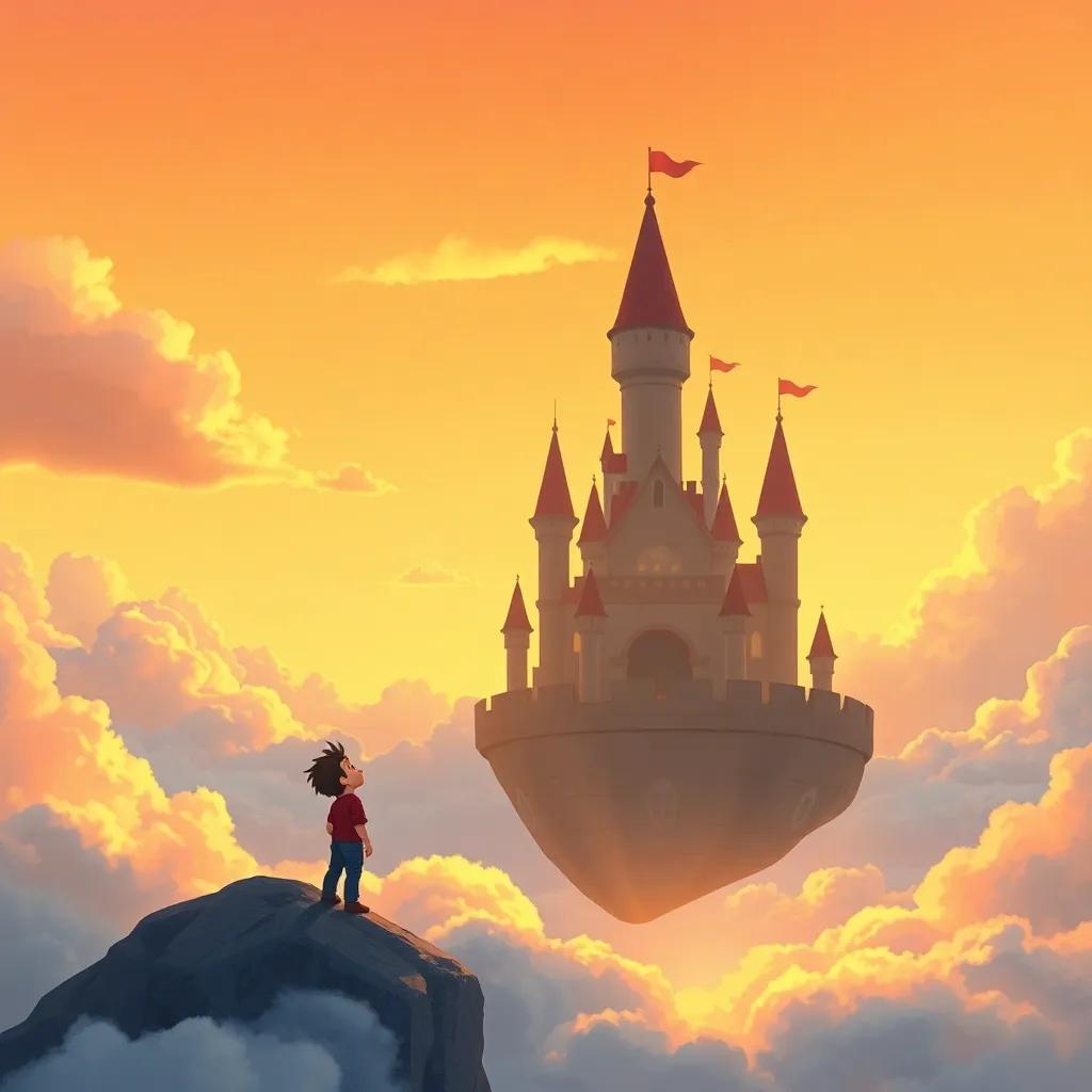 Un castillo de nubes flotando alto en el cielo, Tomás mirándolo maravillado con un fondo dorado al atardecer, ilustración mágica