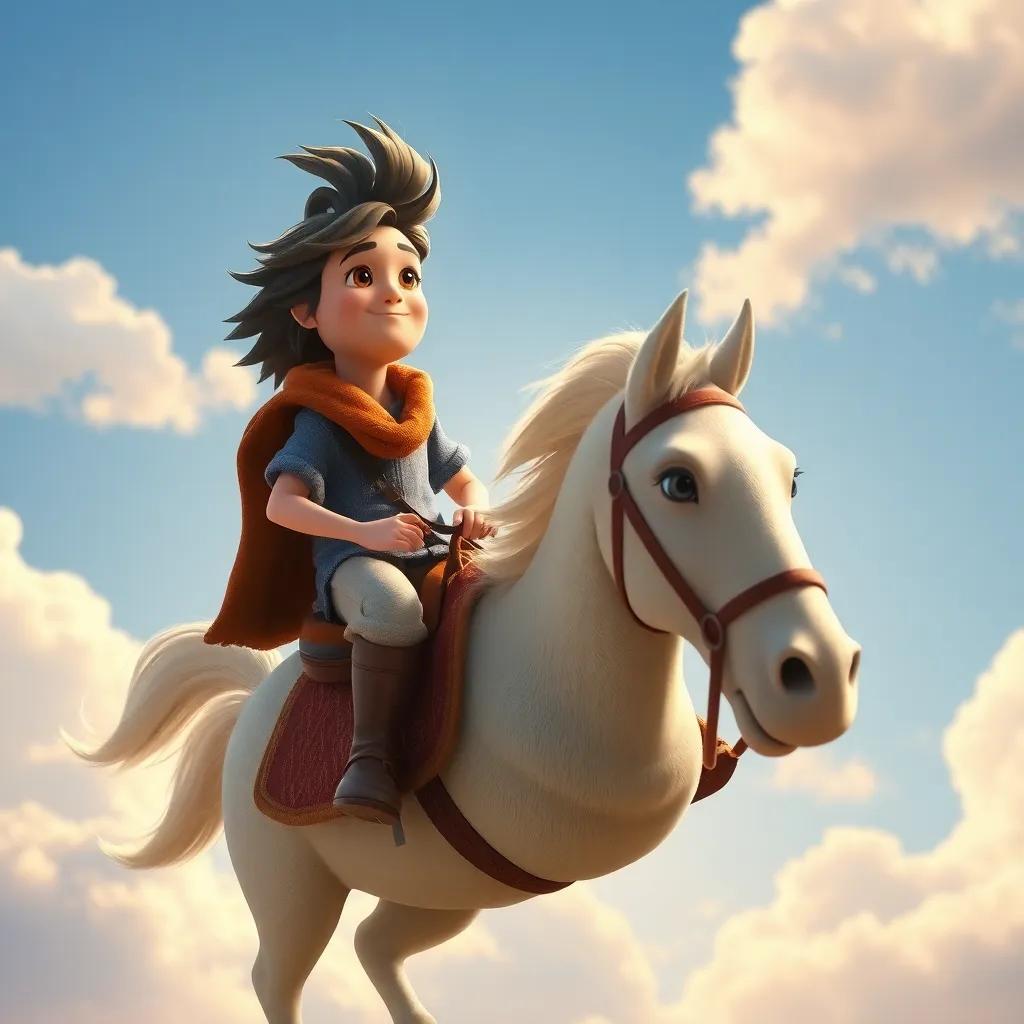 Tomás montando un caballo de nubes, con el viento en su cabello, cielo azul detrás de él, imagen animada, espíritu aventurero