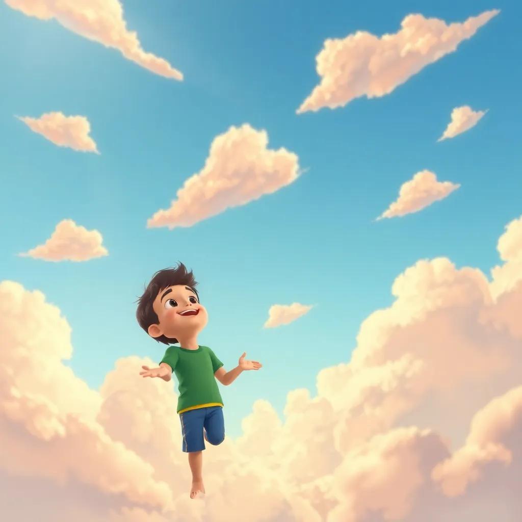 Las nubes girando alegremente en el cielo, con colores suaves y cálidos, Tomás aplaudiendo desde abajo, ilustración animada, feliz y viva