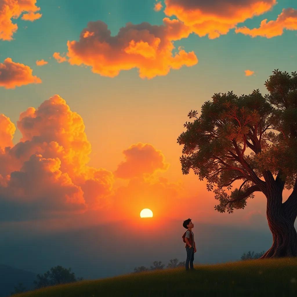 Las nubes brillando como caramelos al atardecer, Tomás alejándose con una sonrisa, árbol en el fondo, imagen nostálgica, cálida