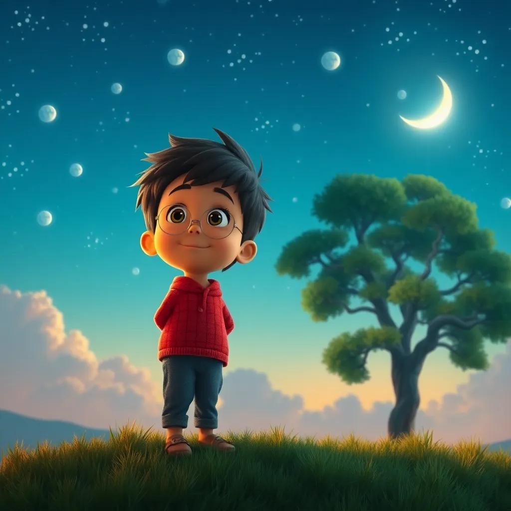 Tomás, un niño feliz, mirando las nubes por última vez mientras se va a casa, con una sonrisa radiante, árbol en el horizonte, escena mágica