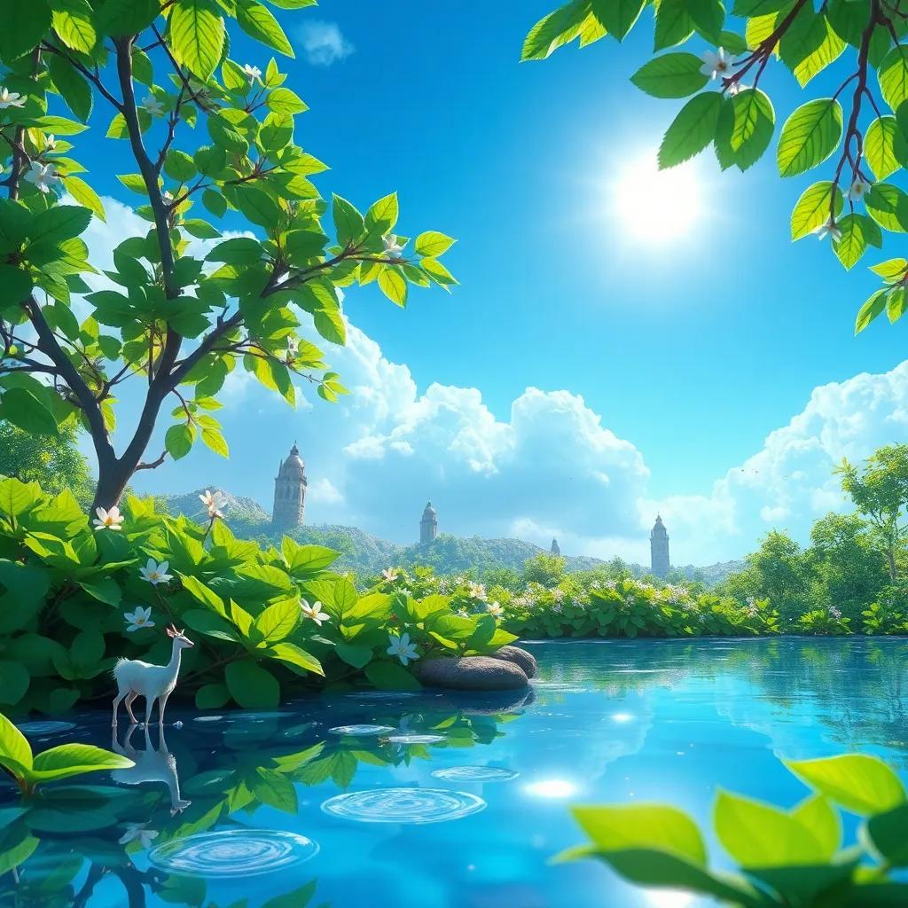 Un estanque brillante con ranas sentadas en hojas verdes, el sol brilla en el cielo azul, una atmósfera tranquila y mágica, digital art, vibrantes colores, alto detalle