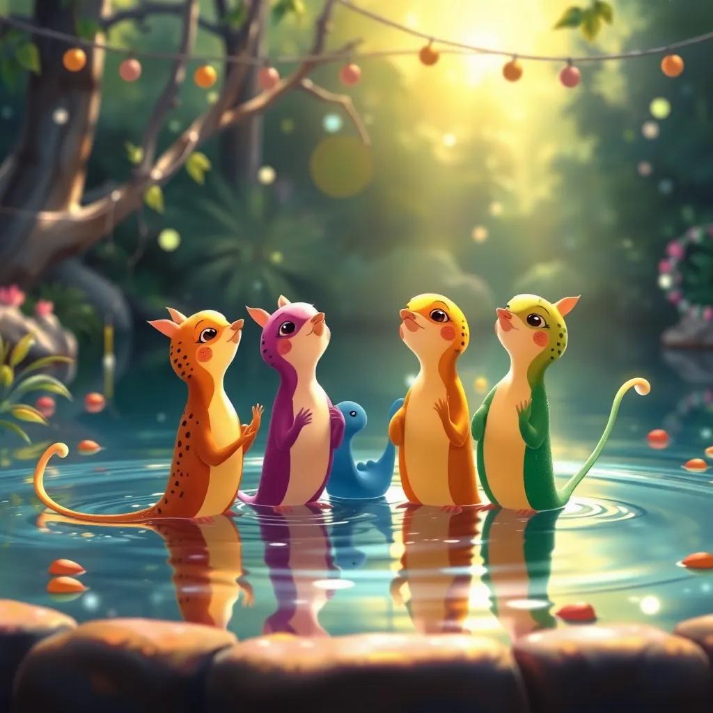 Un grupo de ranas cantando juntas en un coro, el agua del estanque reflejando sus colores vivos, un entorno festivo, ilustración encantadora, colorido y animado