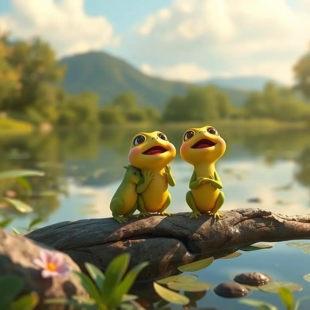 Ranas pequeñas gritando de alegría, llenando el aire con su música, un paisaje sereno del estanque, digital art, lleno de vida y emoción