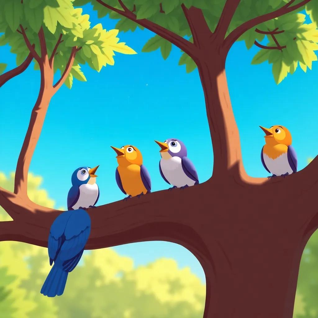 Aves cantando desde los árboles, acompañando el canto de las ranas, un cielo azul brillante en el fondo, ilustración alegre, amigable y colorida