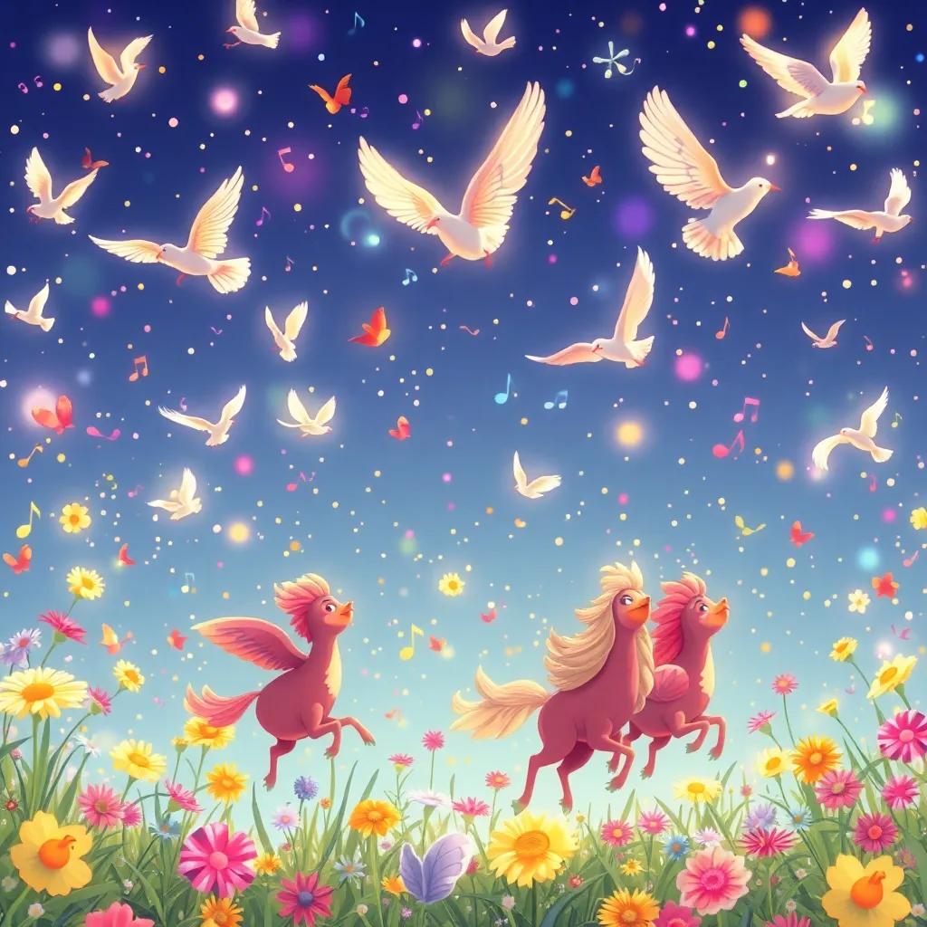 Un festín de colores, ranas brillantes y aves volando alrededor, la devoción a la música llena el aire, ilustración alegre y animada