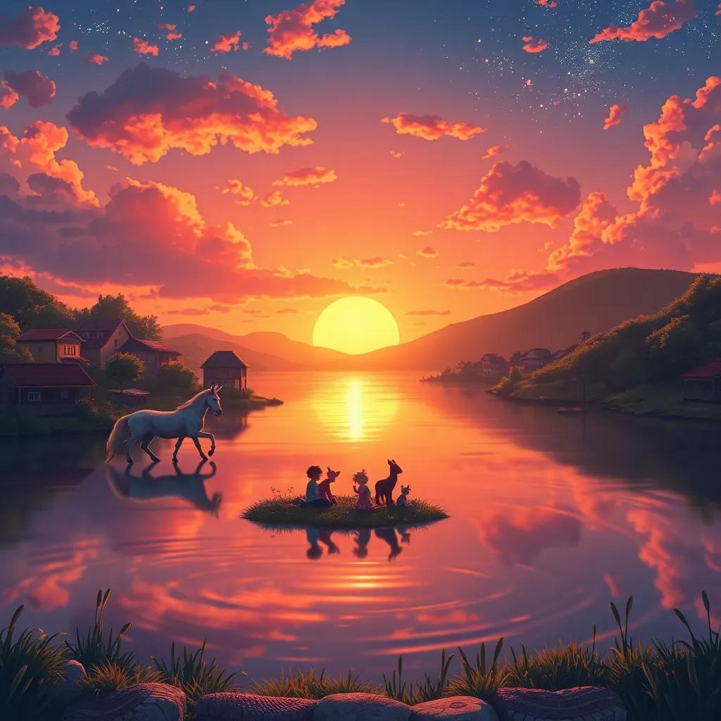 Una vista del estanque al atardecer, ranas recordando su celebración, con colores cálidos y un brillo mágico en el cielo, ilustración encantadora y nostálgica