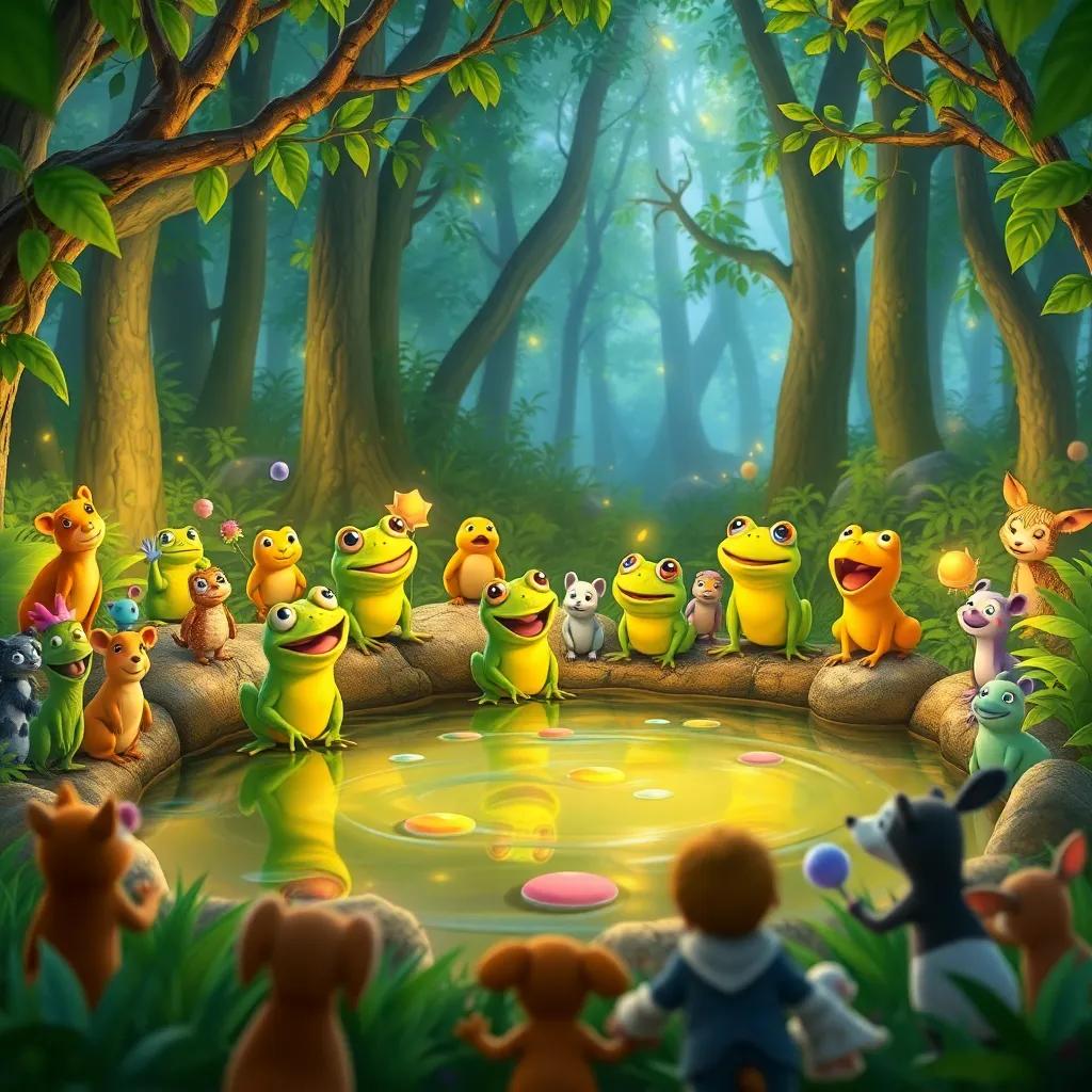 A joyful scene in a magical green forest, with bright green frogs singing by a lively pond, surrounded by excited animals gathered to listen, digital art, vibrant colors, warm atmosphere, high quality