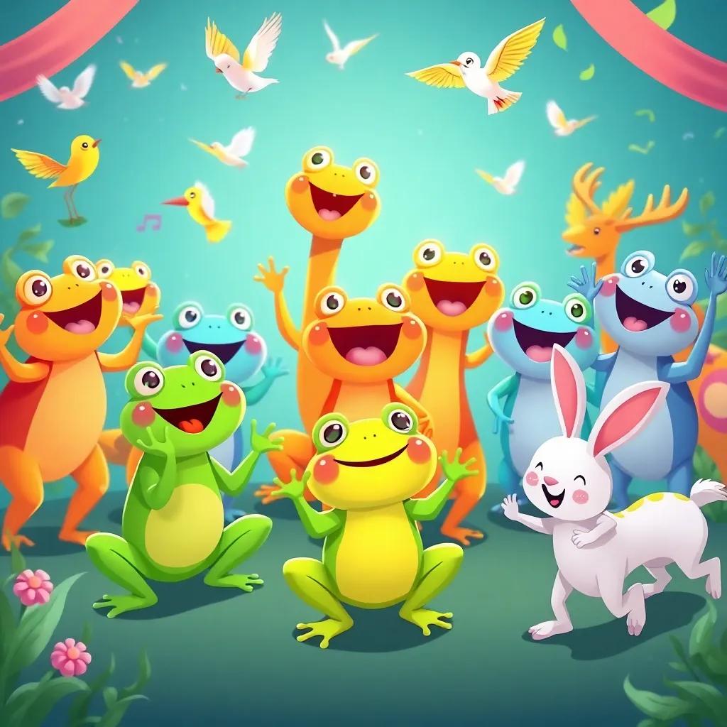 Various colorful frogs singing happily, with birds flying around them, deer swaying to the rhythm, and rabbits hopping joyfully, creating a fun festival vibe, cheerful and lively, child-friendly illustration